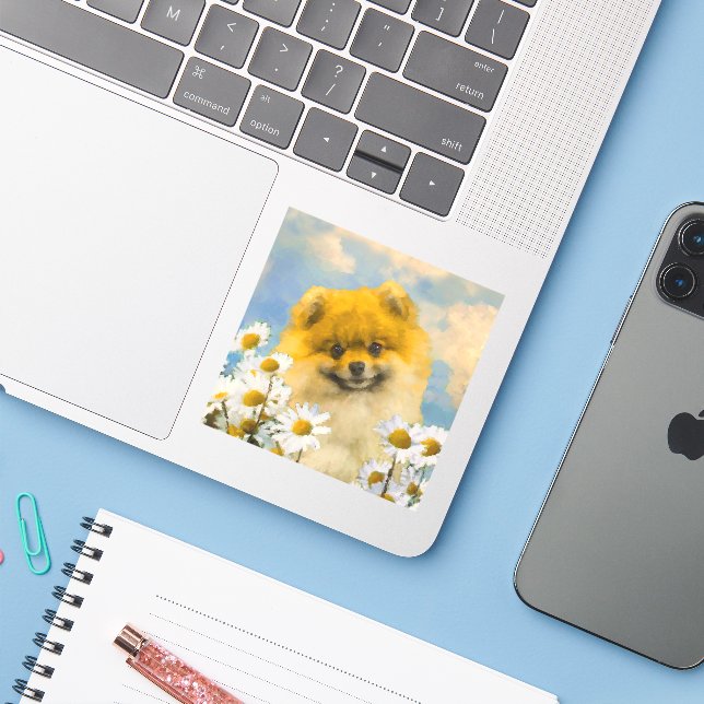 Pomeranian in Daisies Painting - Original Dog Art Sticker (Laptop w/ iPhone)