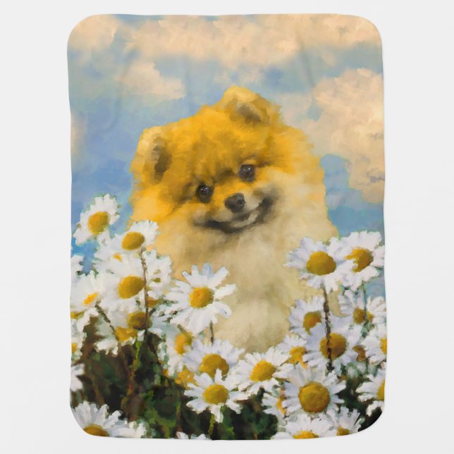 Pomeranian in Daisies Painting - Original Dog Art Swaddle Blanket (Front)