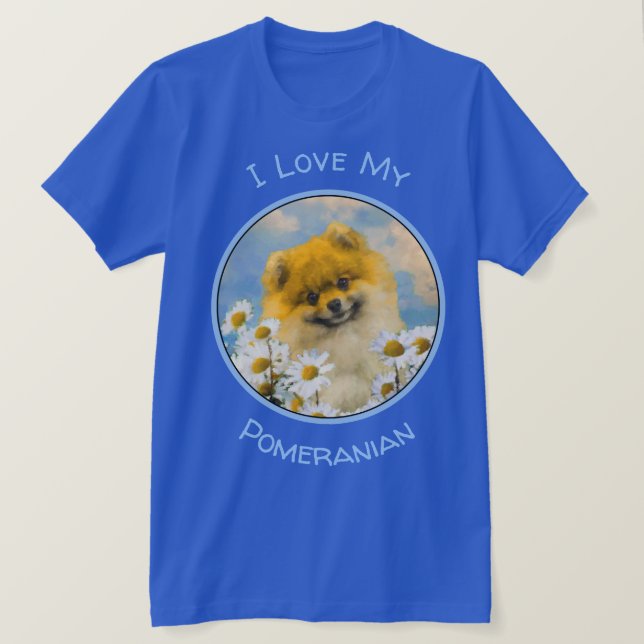 Pomeranian in Daisies Painting - Original Dog Art T-Shirt (Design Front)