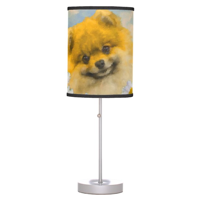 Pomeranian in Daisies Painting - Original Dog Art Table Lamp (Front)