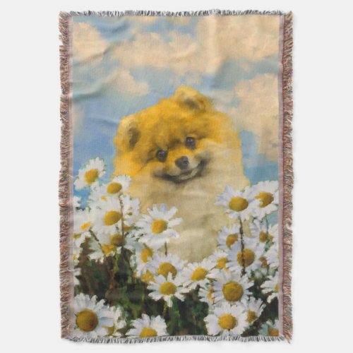 Pomeranian in Daisies Painting _ Original Dog Art Throw Blanket