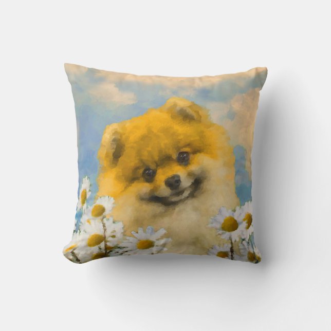 Pomeranian in Daisies Painting - Original Dog Art Throw Pillow (Front)