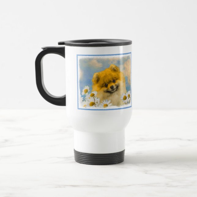Pomeranian in Daisies Painting - Original Dog Art Travel Mug (Left)
