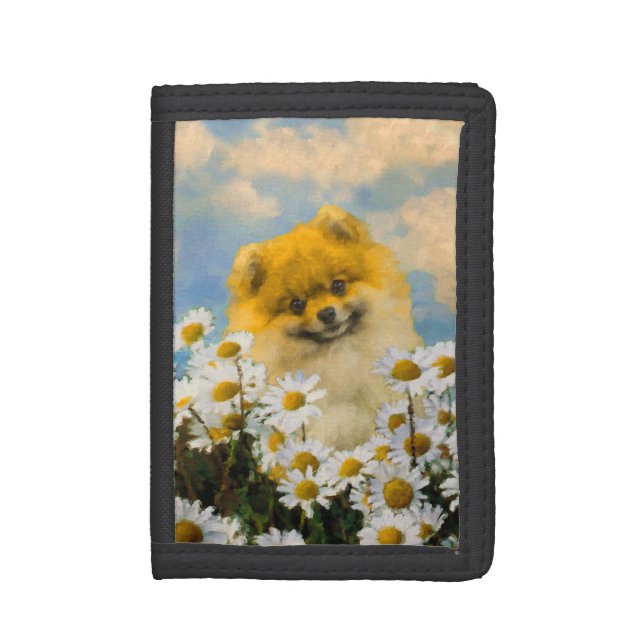 Pomeranian in Daisies Painting - Original Dog Art Tri-fold Wallet (Front Vertical)