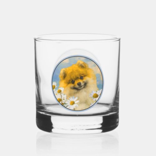 Pomeranian in Daisies Painting _ Original Dog Art Whiskey Glass
