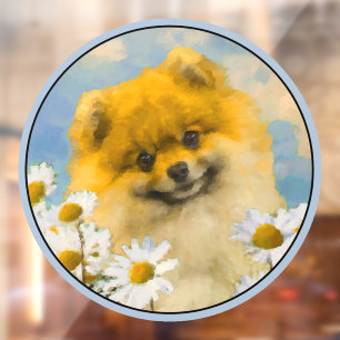 Pomeranian in Daisies Painting - Original Dog Art Window Cling