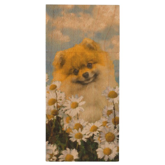 Pomeranian in Daisies Painting - Original Dog Art Wood Flash Drive (Back (Vertical))