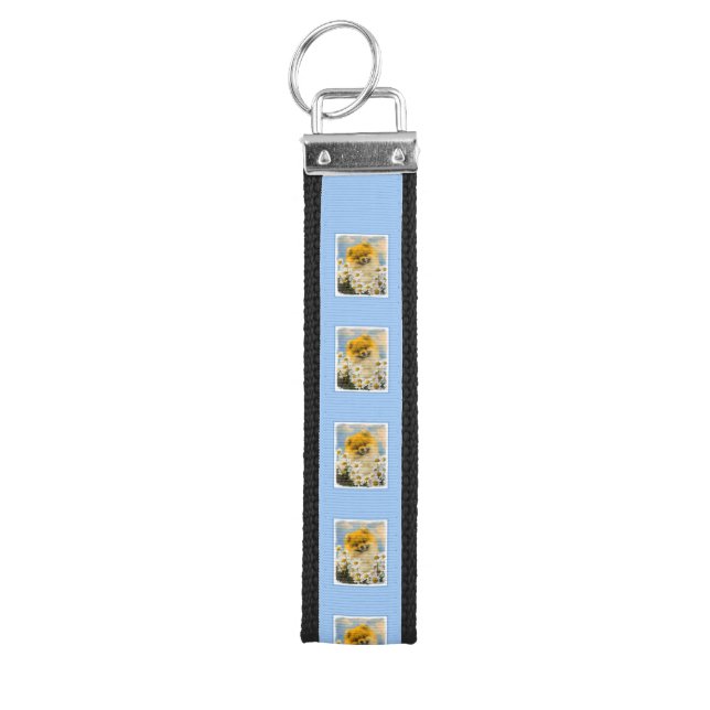 Pomeranian in Daisies Painting - Original Dog Art Wrist Keychain (Keys on Top)
