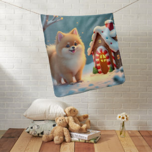Pomeranian in Gingerbread Village Christmas Baby Blanket