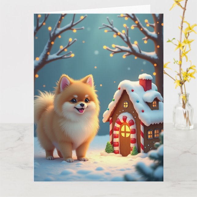 Pomeranian in Gingerbread Village Christmas Card (Yellow Flower)
