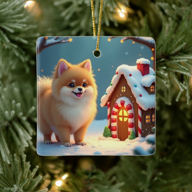 Pomeranian in Gingerbread Village Christmas Ceramic Ornament (Tree)
