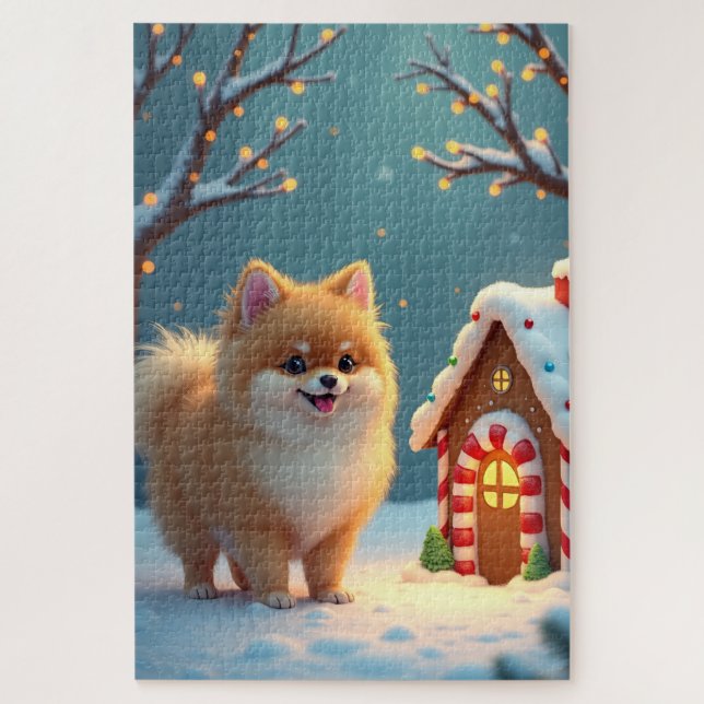 Pomeranian in Gingerbread Village Christmas Jigsaw Puzzle (Vertical)