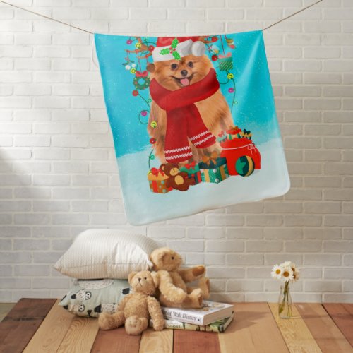 Pomeranian in snow with Christmas gifts Baby Blanket