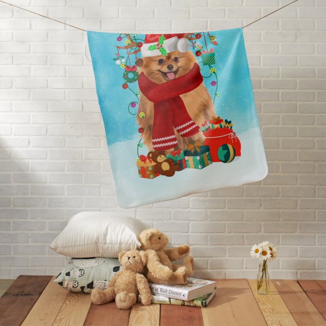 Pomeranian in snow with Christmas gifts Baby Blanket (In Situ)
