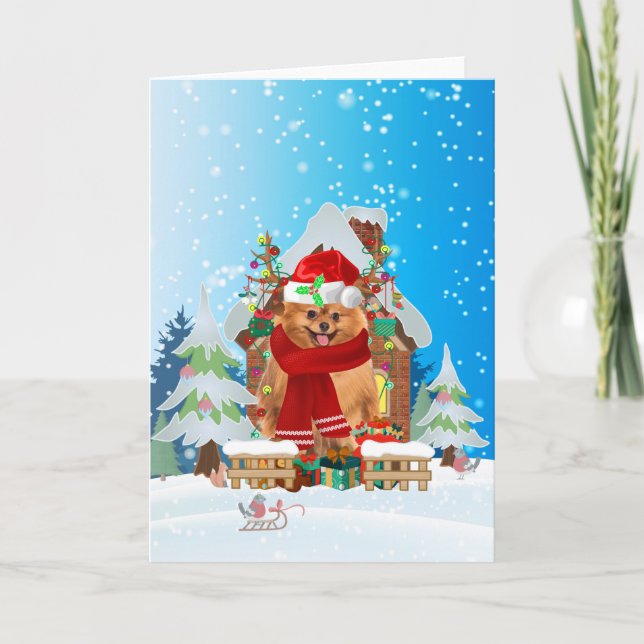 Pomeranian in snow with Christmas gifts Card (Front)