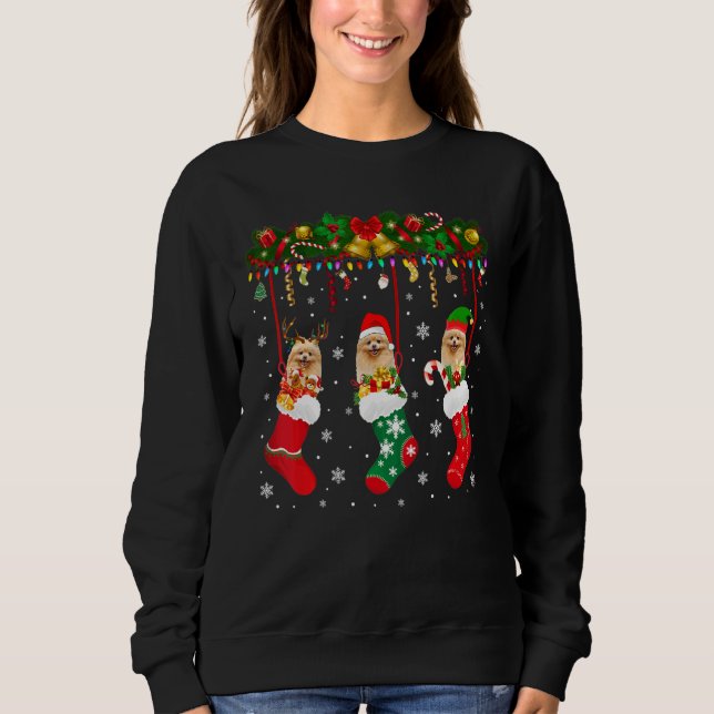 Pomeranian In Sock Xmas Reindeer Santa Elf Dog Sweatshirt (Front)