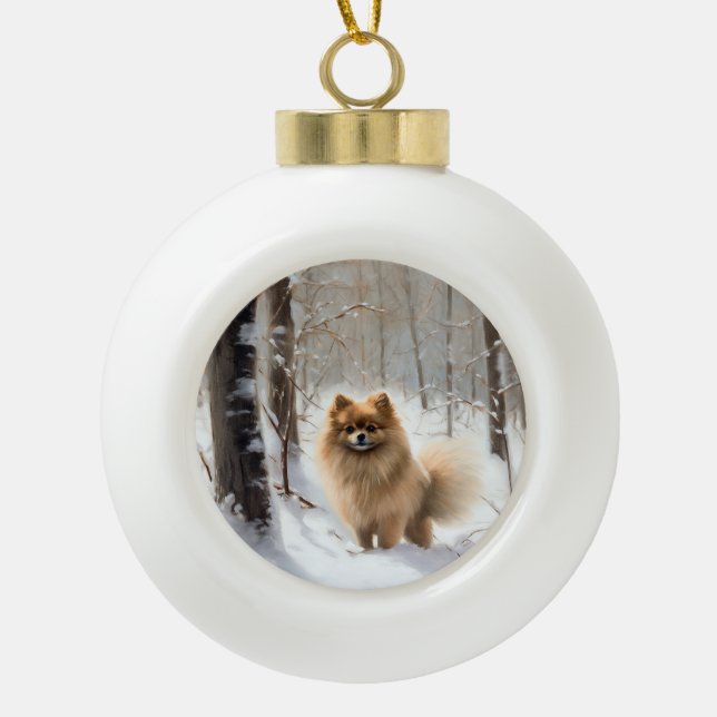Pomeranian Let It Snow Christmas Ceramic Ball Christmas Ornament (Front)
