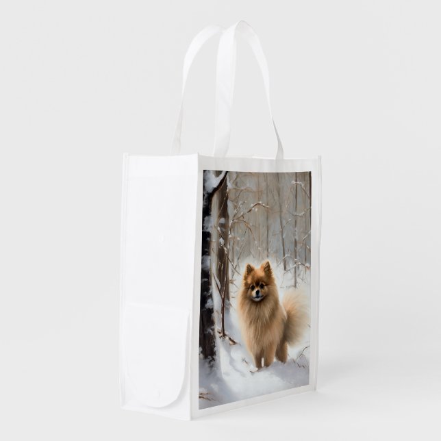 Pomeranian Let It Snow Christmas Grocery Bag (Front Side)