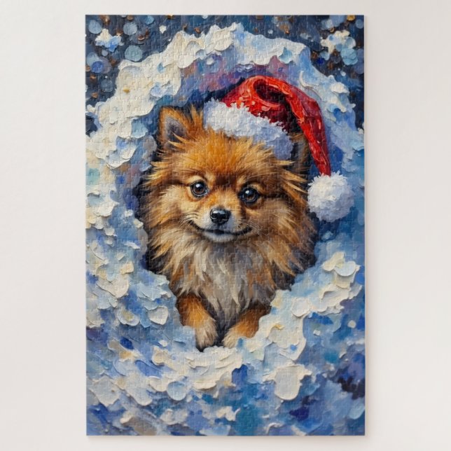 Pomeranian Lost in a Fluff of Christmas Snow Hat Jigsaw Puzzle (Vertical)
