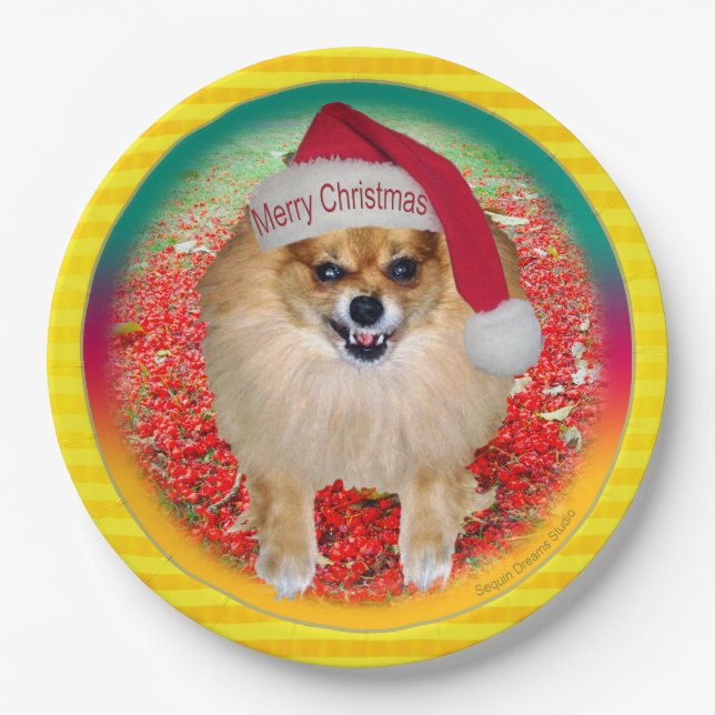 Pomeranian Marley Funny Bad Santa Dog Christmas Paper Plates (Front)
