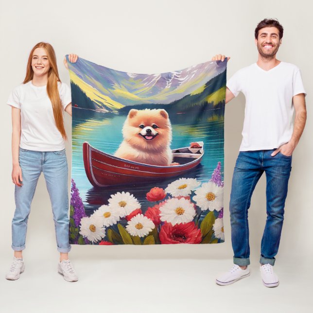 Pomeranian on a Paddle: A Scenic Adventure Fleece Blanket (In Situ)