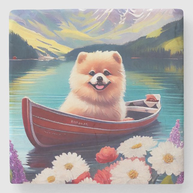 Pomeranian on a Paddle: A Scenic Adventure Stone Coaster (Front)