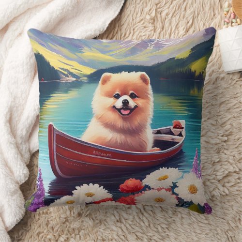 Pomeranian on a Paddle A Scenic Adventure Throw Pillow