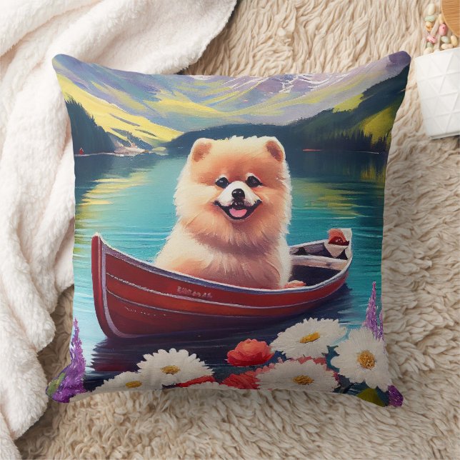 Pomeranian on a Paddle: A Scenic Adventure Throw Pillow (Blanket)