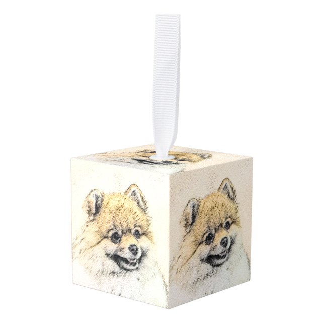 Pomeranian (Orange) Painting - Original Dog Art Cube Ornament (Front Angled)