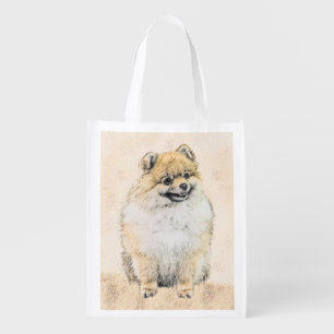 Pomeranian (Orange) Painting - Original Dog Art Grocery Bag