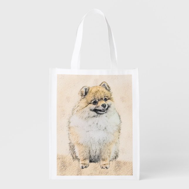 Pomeranian (Orange) Painting - Original Dog Art Grocery Bag (Front)
