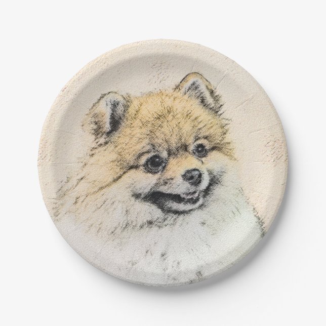Pomeranian (Orange) Painting - Original Dog Art Paper Plates (Front)