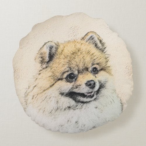 Pomeranian Orange Painting _ Original Dog Art Round Pillow