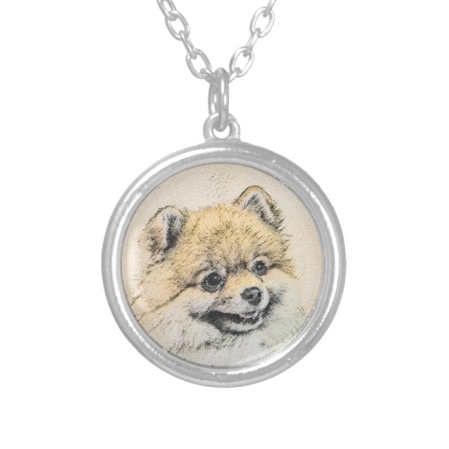 Pomeranian (Orange) Painting - Original Dog Art Silver Plated Necklace (Front)