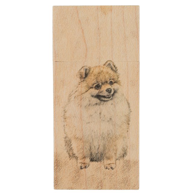 Pomeranian (Orange) Painting - Original Dog Art Wood Flash Drive (Front Vertical)