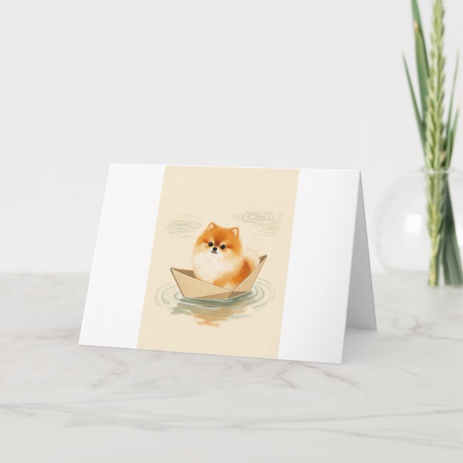 Pomeranian Paper Boat Pond Greeting Card