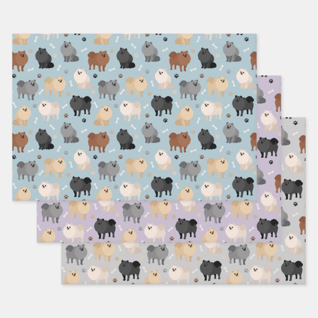 Pomeranian Paw-prints and Dog Bones Wrapping Paper Sheets (Set)