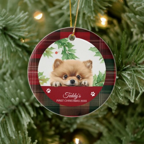Pomeranian Personalized First Christmas Ceramic Ornament
