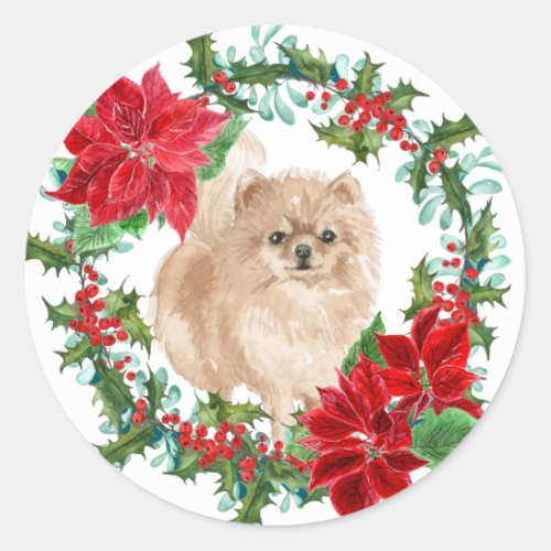 Pomeranian Poinsettia Holly Holiday Wreath Classic Round Sticker