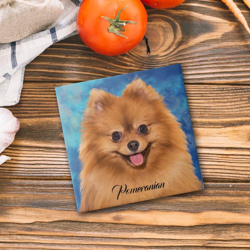 Pomeranian Portrait on Abstract Background Ceramic Tile