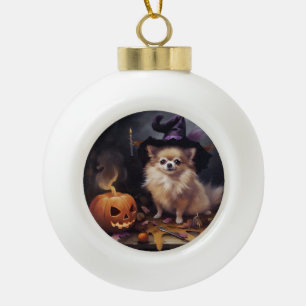 Pomeranian Pumpkins Halloween Scary  Ceramic Ball Christmas Ornament