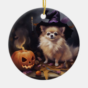 Pomeranian Pumpkins Halloween Scary  Ceramic Ornament