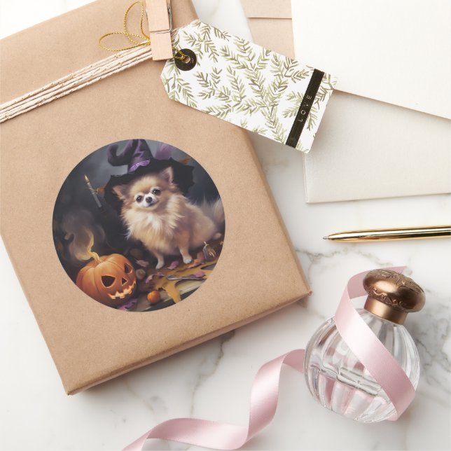 Pomeranian Pumpkins Halloween Scary  Classic Round Sticker (Gifting)