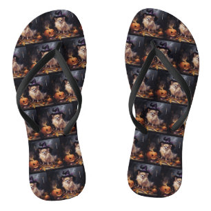Pomeranian Pumpkins Halloween Scary  Flip Flops