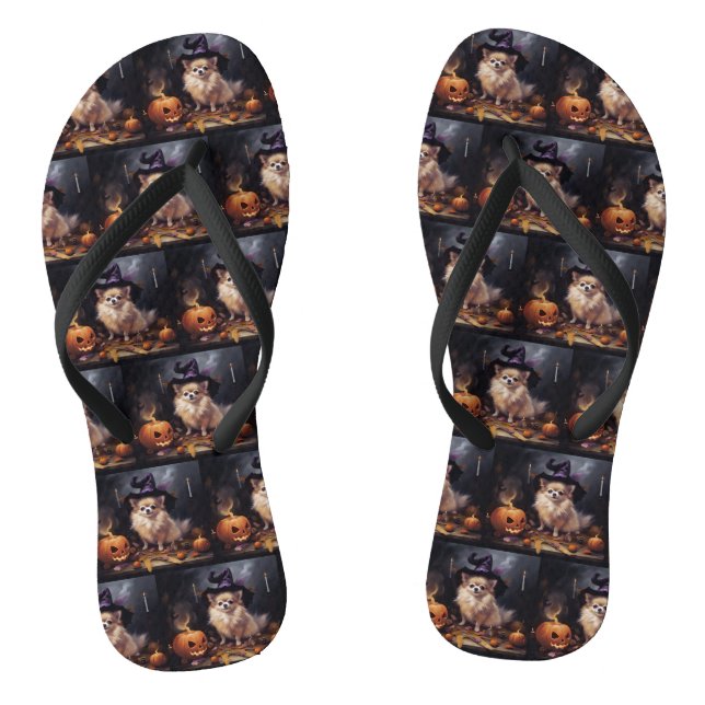 Pomeranian Pumpkins Halloween Scary  Flip Flops (Footbed)