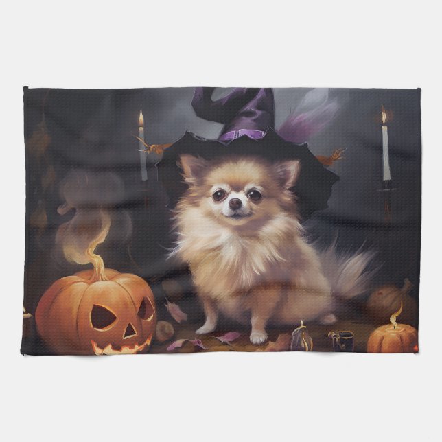 Pomeranian Pumpkins Halloween Scary  Kitchen Towel (Horizontal)