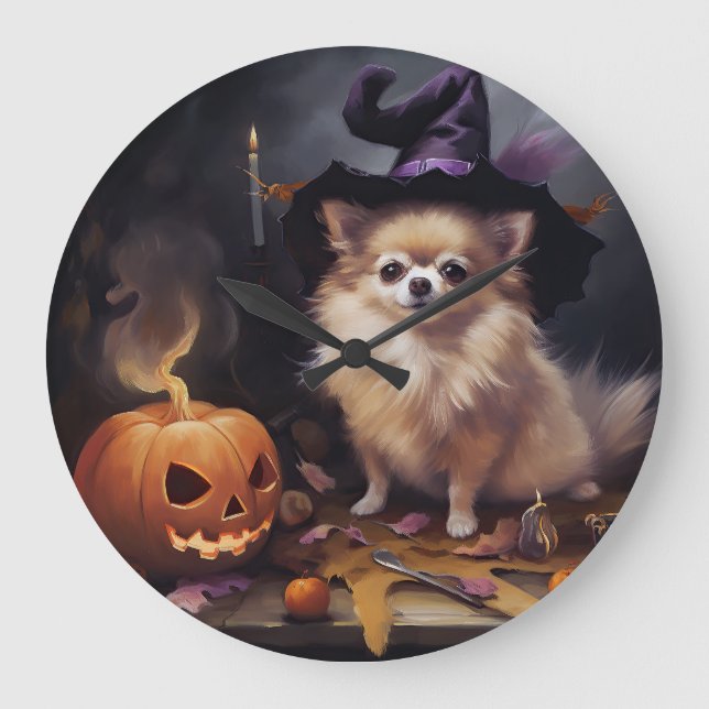 Pomeranian Pumpkins Halloween Scary  Large Clock (Front)