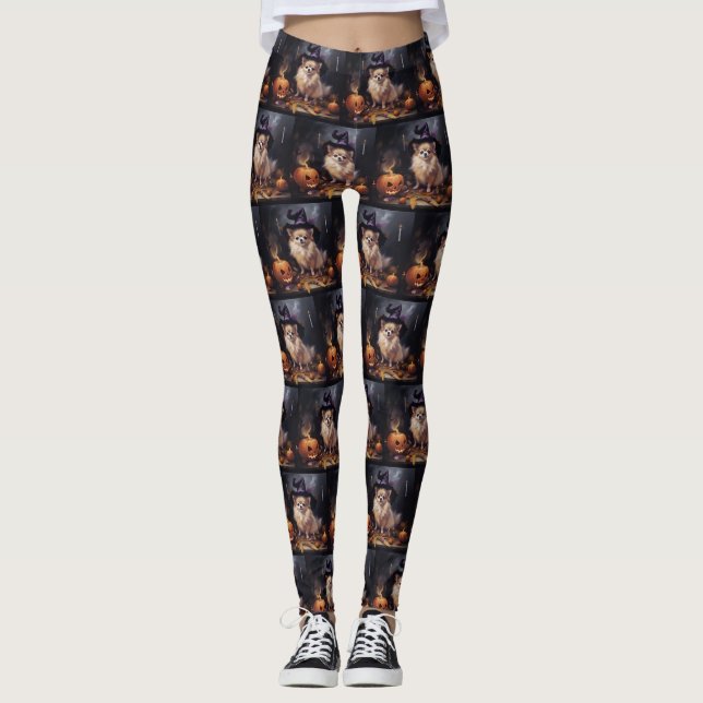 Pomeranian Pumpkins Halloween Scary  Leggings (Front)