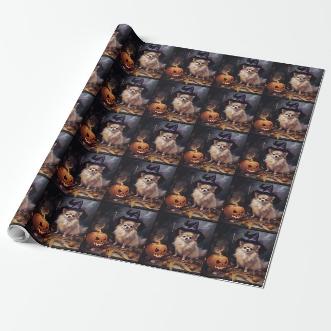 Pomeranian Pumpkins Halloween Scary  Wrapping Paper (Unrolled)