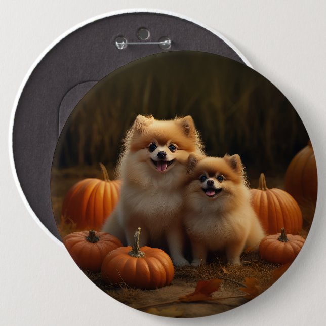 Pomeranian Puppy Autumn Delight Pumpkin Button (Front & Back)